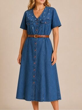 Vintage 90s Cool Plus Denim Button Front Midi Dress Embroidered XL Y2K